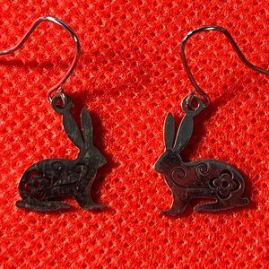 Flowered Bunny Rabbit Silver Tone French Hook Pierced Earrings